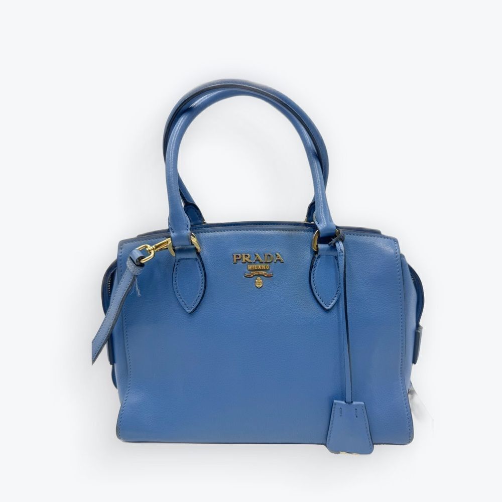 Auth Prada Small Blue Vitello Daino Convertible 2way Satchel Preloved Purse Ex+